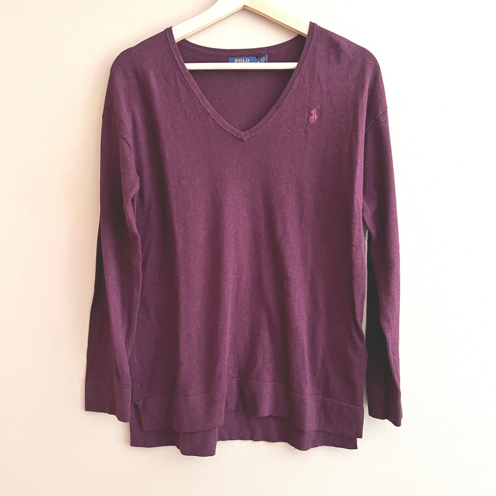 Polo Ralph Lauren Burgundy V-Neck Cotton Viscose Pony Logo Sweater Womens L